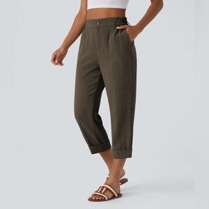 Halara High Waisted Capri Linen-Feel Pants Dark Brown XL